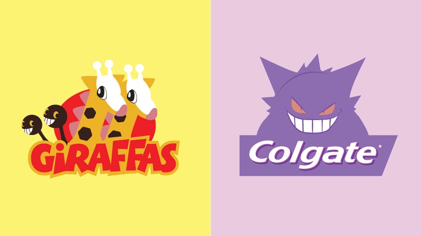 Duas Girafigs como logo do restaurante Giraffas & Gengar sorrindo como logo da Colgate