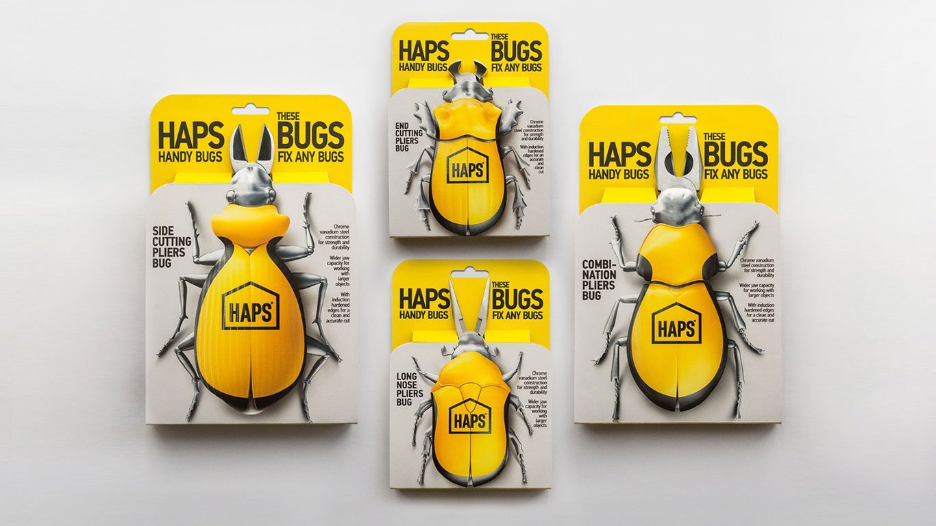 Quatro embalagens do HAPS BUGS lado a lado, como se fossem vários besouros amarelos andando