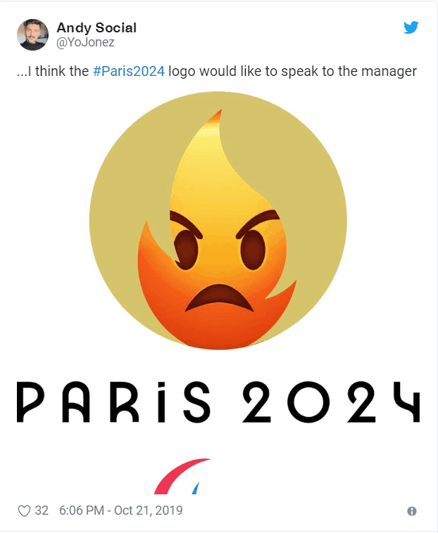 Emoji com raiva dentro do penteado do logo de Paris 2024