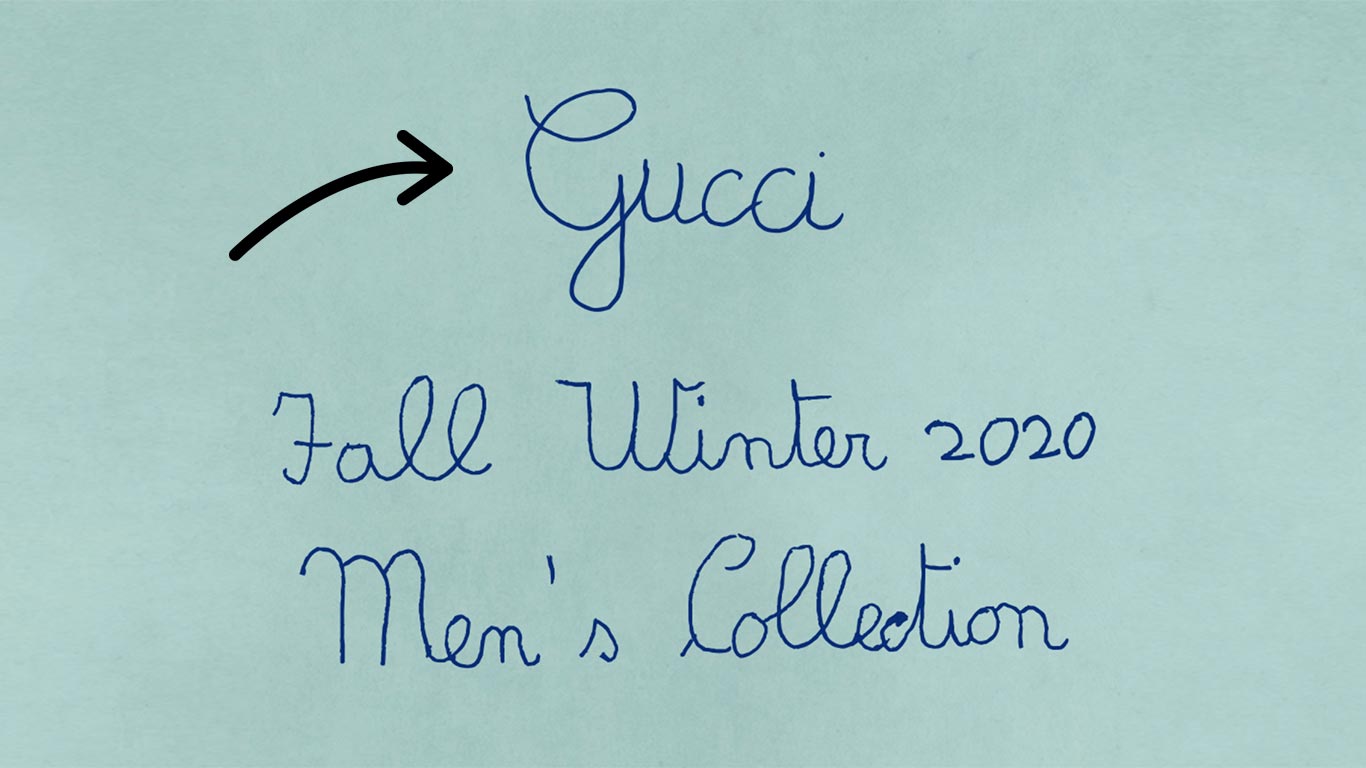Novo logotipo da Gucci com os escritos "Fall Winter 2020 Menos Collection"