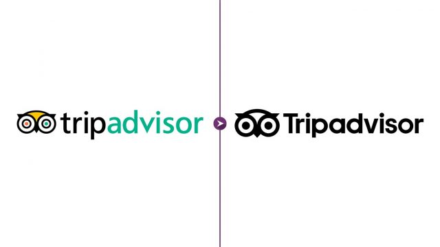 Comparativo dos logos do Tripadvisor, mostrando o colorido à esquerda e o flat à direita