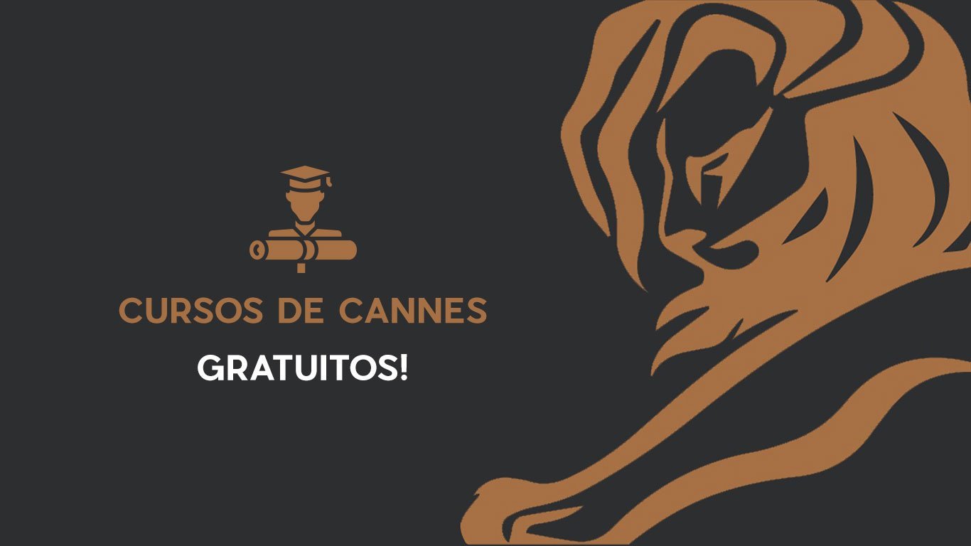 Imagem mostra vetor do Leão de Cannes tomando toda a parte direita da imagem, com a frase "cursos de cannes gratuitos" à esquerda
