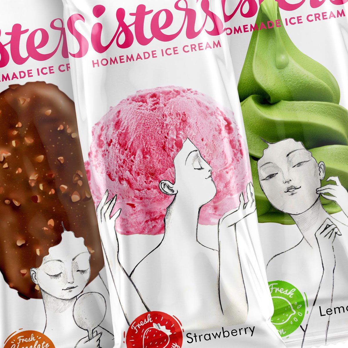 Três embalagens de picolé nas quais os cabelos das mulheres são diferentes formatos de sorvete