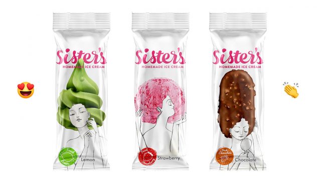 Três pacotes de picolé lado a lado, com desenhos de mulheres que têm fotos do sorvete como seus cabelos