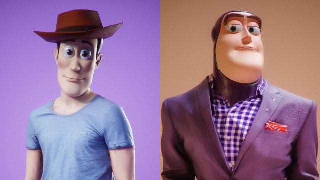 Montagem 3D com Woody no corpo de um humano real, assim como o Buzz Lightyear, vestindo um terno.