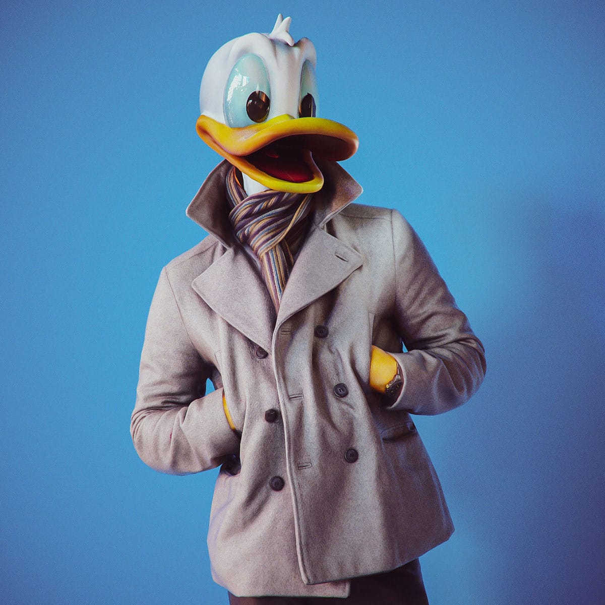 Montagem 3D mostra do Pato Donald no corpo de um ser humano real, vestindo um sobretudo e cachecol