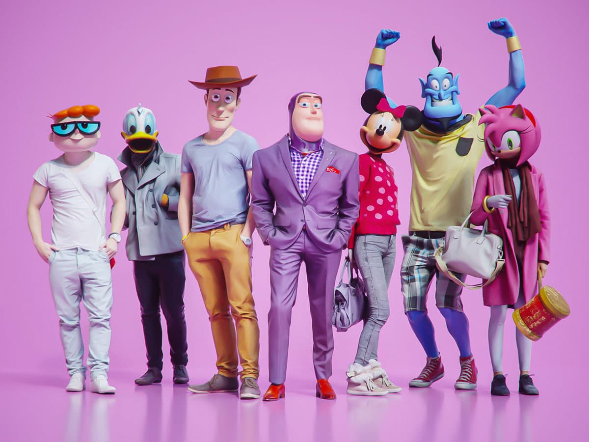 Todos os personagens 3D em corpos humanos, incluindo o Dexter, Pato Donald, Xerife Woody, Buzzlightyear, Minnie, Gênio da Lâmpada, e Amy Rose